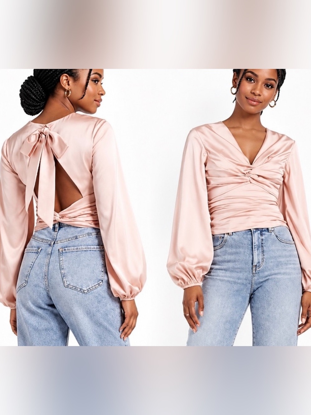 NWT Express Pink Satin Twist Front with Ruching Open Back with Tie Sash Blouse X